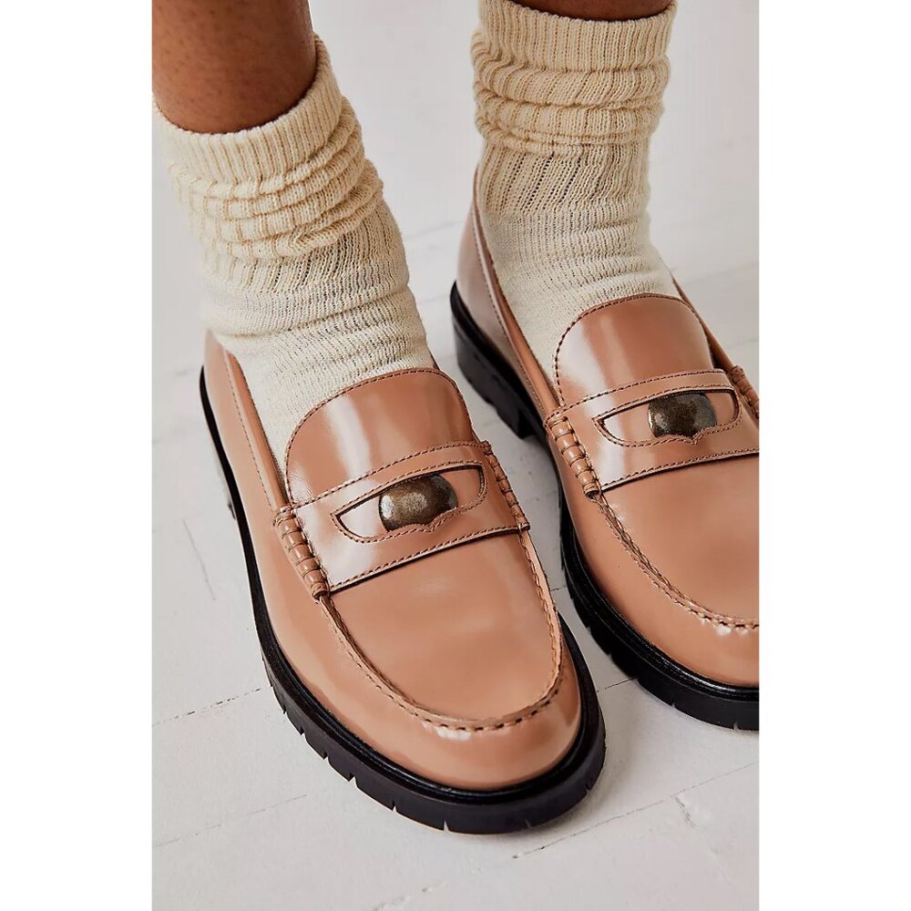 Free People Nude Patent Leather Penny Loafers with Black Lug Sole